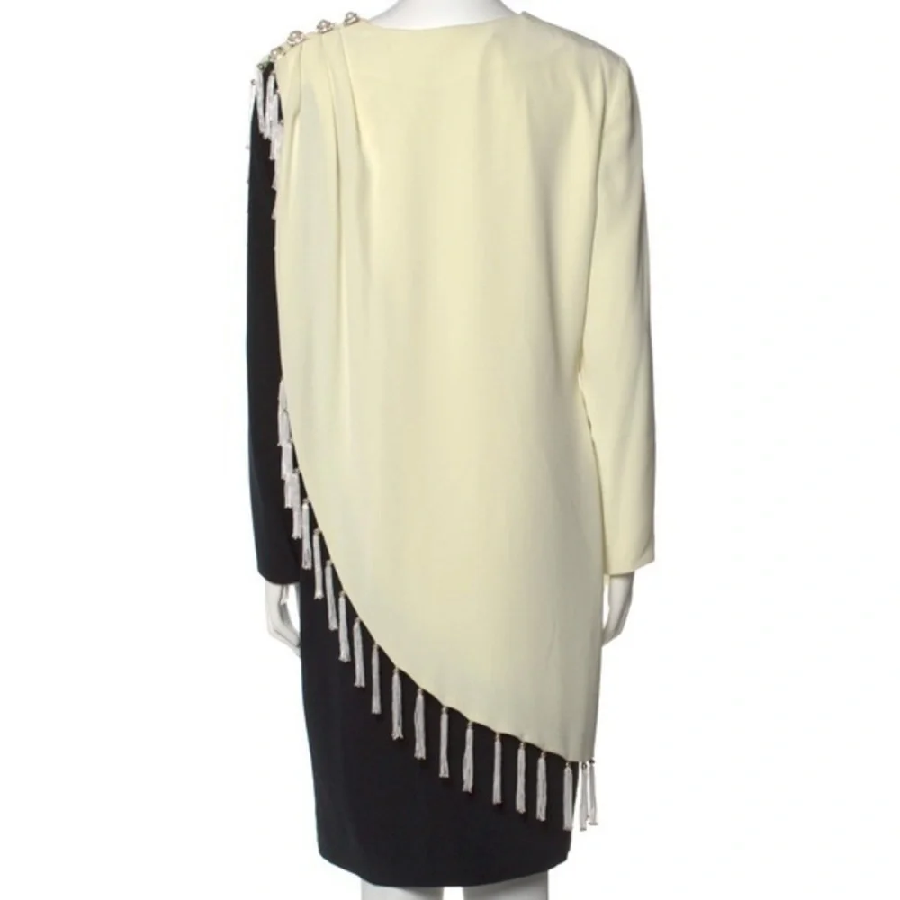 Bob Mackie Color Block Beaded Fringe Long Sleeve Shift Dress